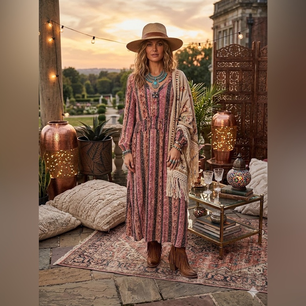 Soft Surroundings Long Sleeve Dress Pink Black Striped PS